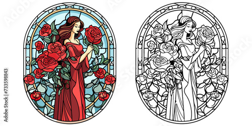 Beautiful Woman Holding Bouquet of Red Roses with Presents Coloring Page Stained Glass Vector Art