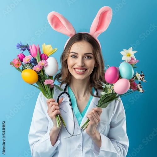 Doctor woman with easter spring bouquet of flowers, colorful eggs and bunny ears.