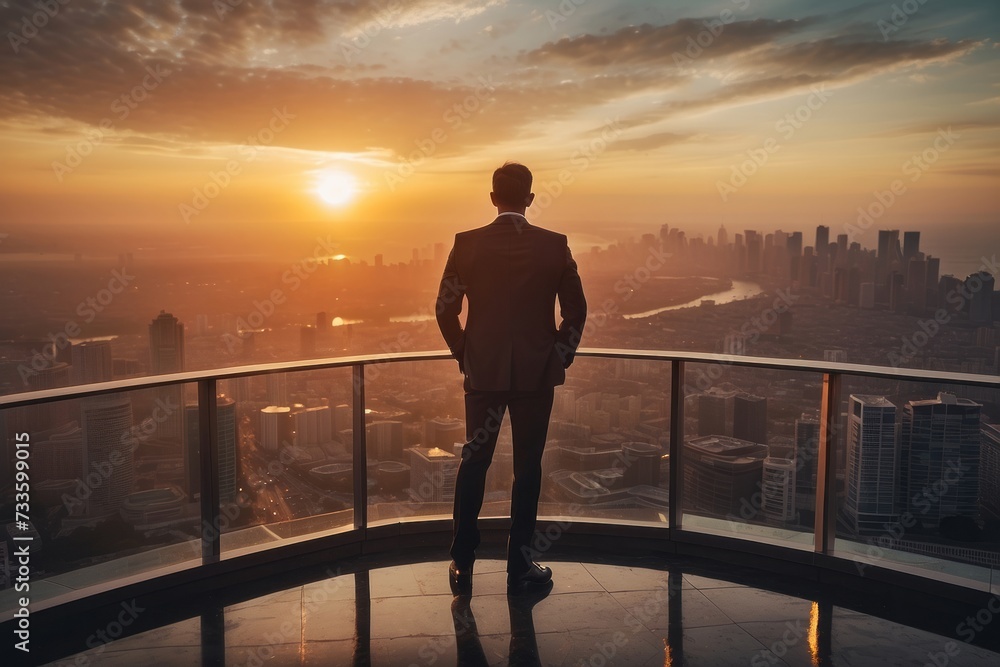 Fototapeta premium Businessman standing on top building and looking at sunset, business successful