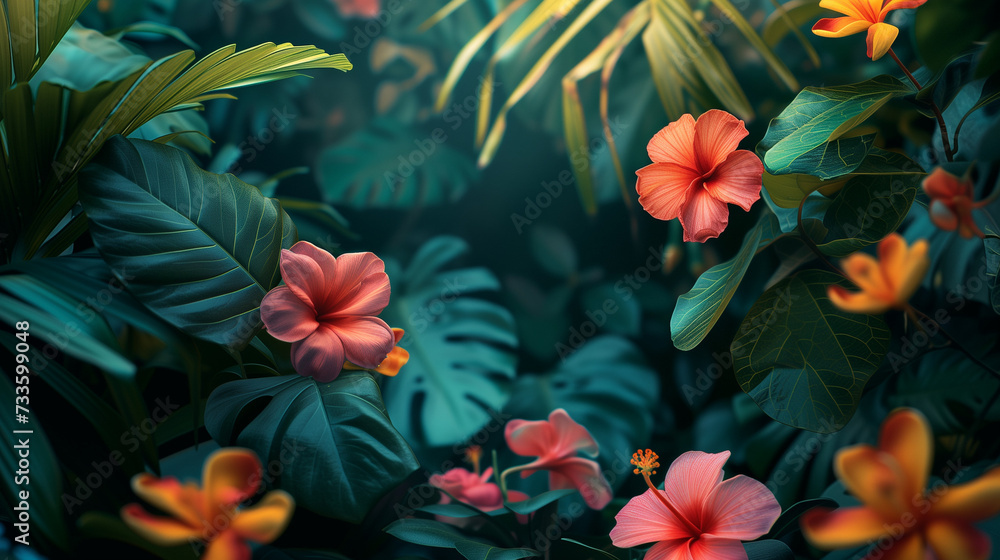Fototapeta premium Colorful Hawaiian hibiscus in the garden. Tropical forest background, jungle background with border made of tropical leaves with empty space in center, copy space. bright hibiscus flowers