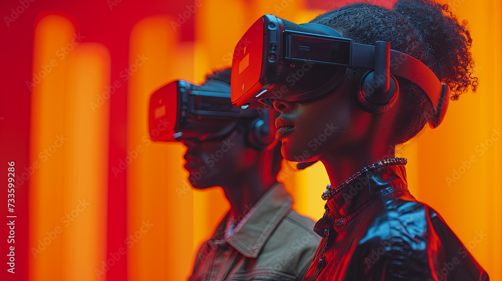 People with VR grasses playing virtual reality game. Future digital technology, virtual reality glasses People with VR grasses playing virtual reality game. Future digital technology, virtual reality glasses