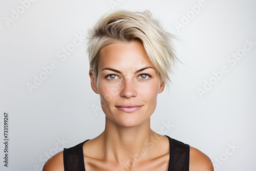 Portrait of a beautiful blonde woman with short hair on white background