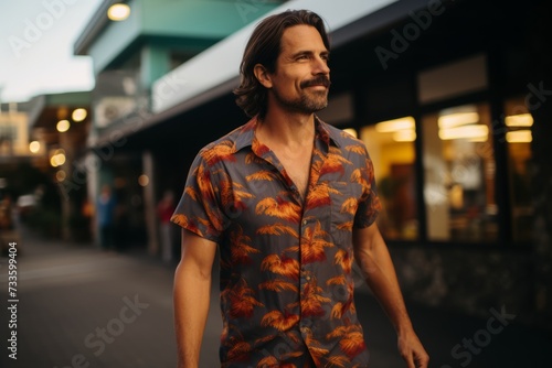 Handsome young man in colorful shirt walking in the city.