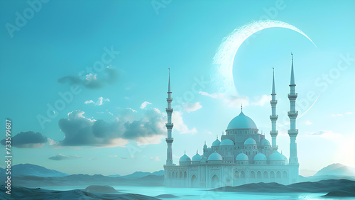 Crescent Moon and Mosque on Light Blue Background 