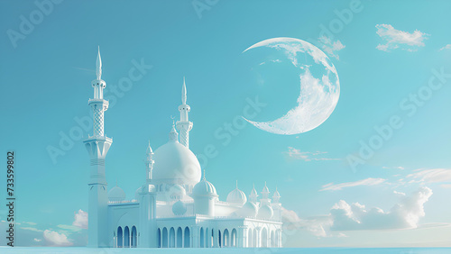 Crescent Moon and Mosque on Light Blue Background 