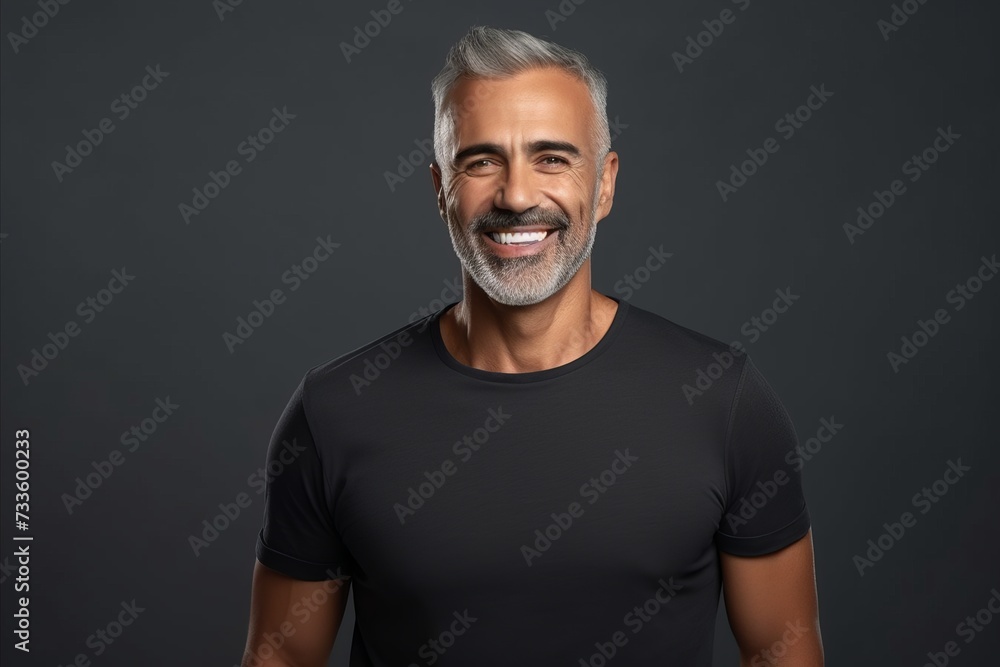 Portrait of handsome mature man in black t-shirt on grey background