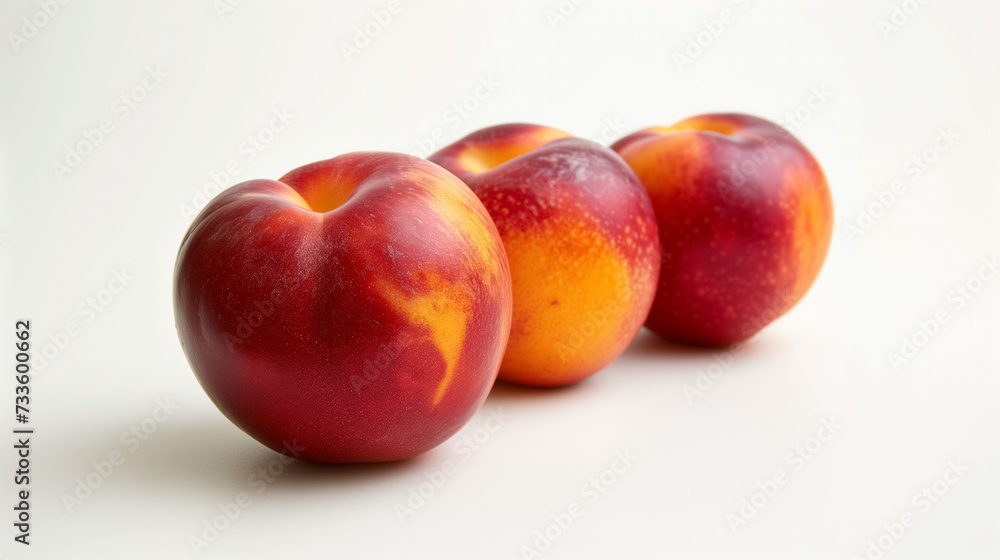 Three fresh nectarines on a clean white surface. Three fresh nectarines on a clean white surface.