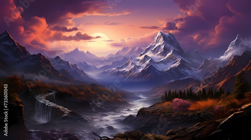 A snow-covered mountain pass with a winding road, surrounded by towering peaks and a sky painted in hues of orange and purple during the sunset