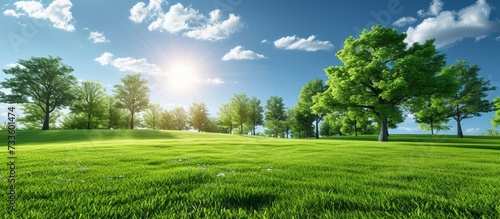 Vibrant Summer Landscape: Lush Green Grass and Majestic Landscape Trees Create a Stunning Summer Scene