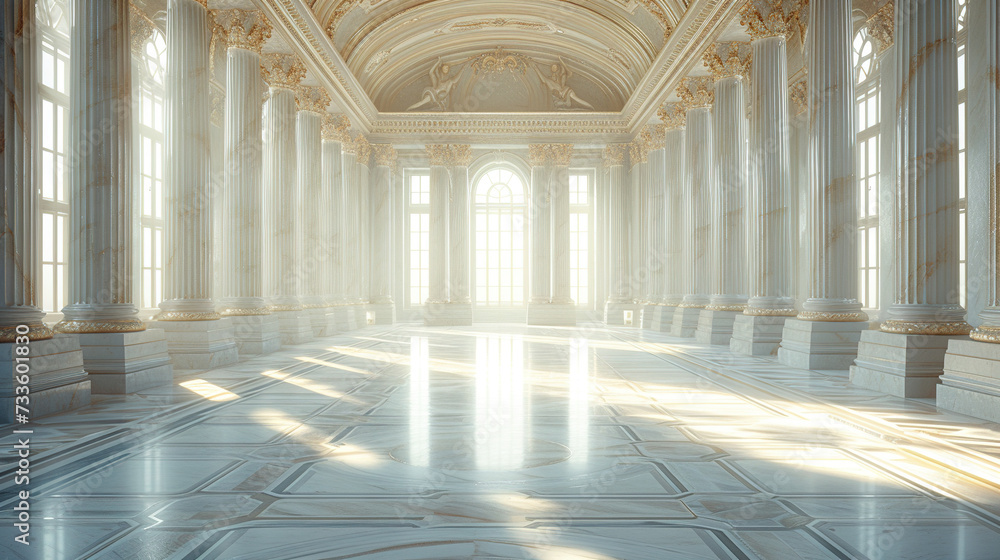 interior of the hall with marble floor, pillars and sunlight. Created with Ai
