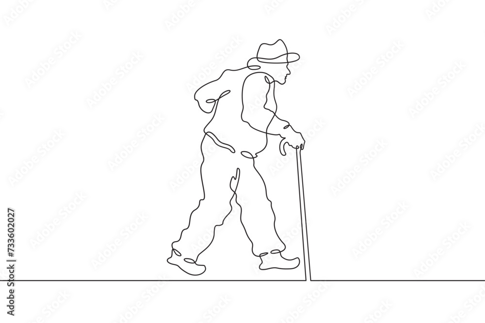 Old man with a stick. An elderly man walks with a cane. Pensioner.One continuous line . Line art. Minimal single line.White background. One line drawing.