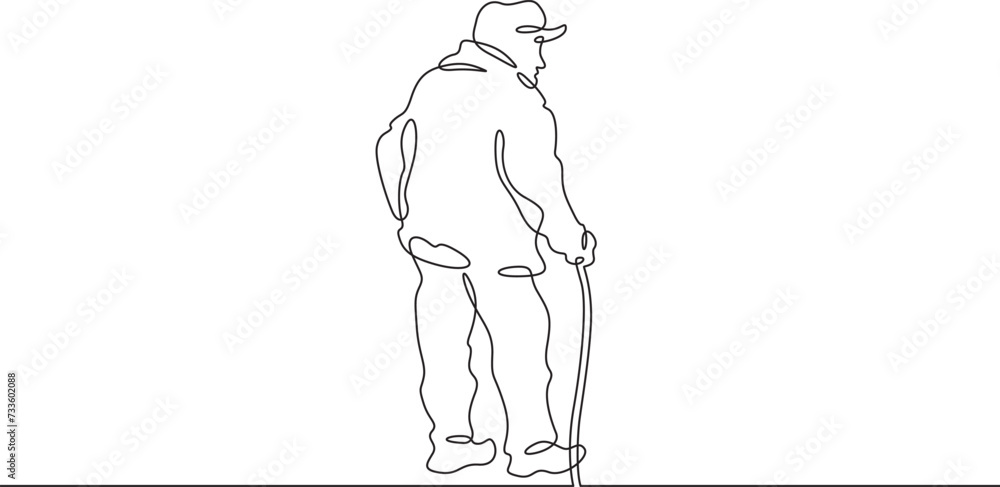 Old man with a stick. An elderly man walks with a cane. Pensioner.One continuous line . Line art. Minimal single line.White background. One line drawing.