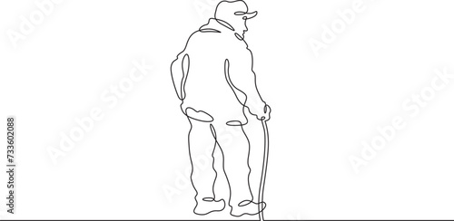 Old man with a stick. An elderly man walks with a cane. Pensioner.One continuous line . Line art. Minimal single line.White background. One line drawing.