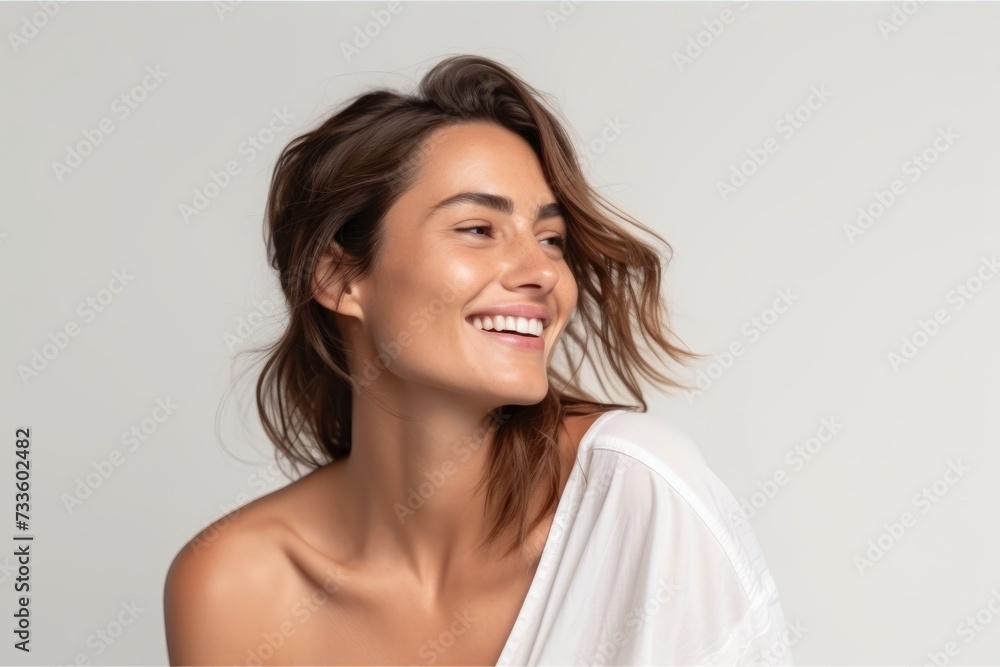 Portrait of a beautiful young woman smiling on a gray background. Portrait of a beautiful young woman smiling on a gray background.