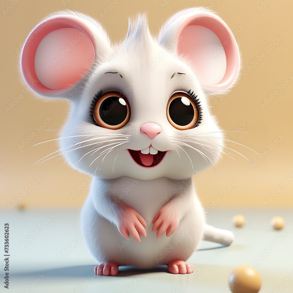 Fototapeta premium flat logo of Cute baby mouse with big eyes lovely little animal 3d rendering cartoon character 