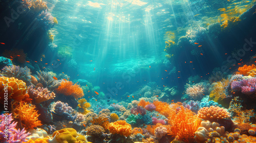 Vibrant Sunlit Coral Reef Under Clear Waters