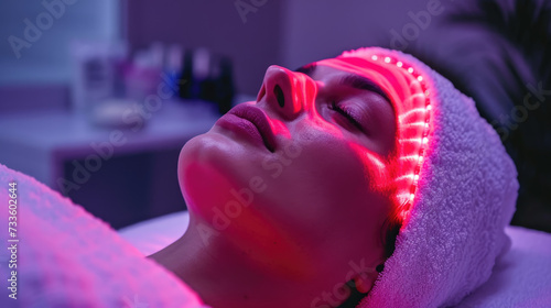 Young woman undergoing facial therapy procedure with red LED light in beauty salon. Beauty and health concept.