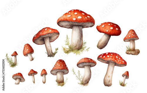 Watercolor set of fly agaric mushrooms isolated on white. AI generated