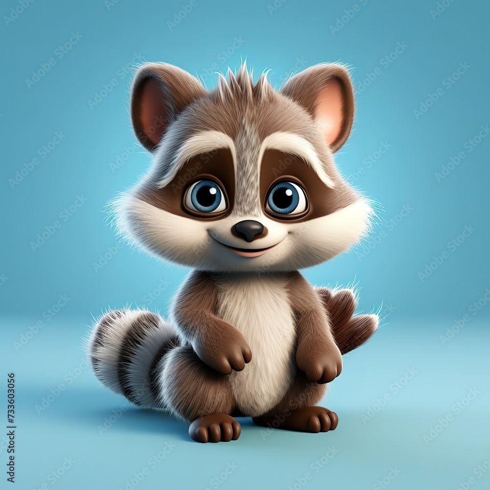 Fototapeta premium flat logo of Cute baby raccoon with big eyes lovely little animal 3d rendering cartoon character 
