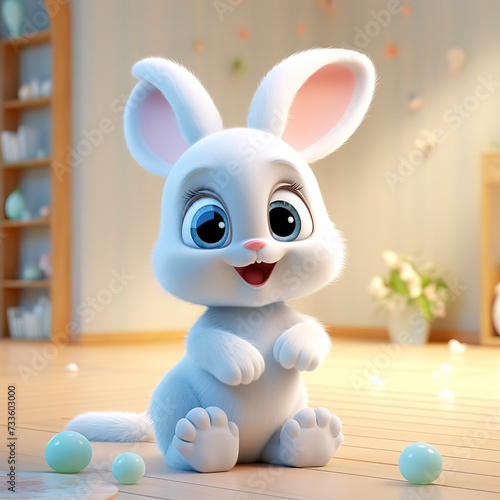flat logo of Cute baby rabbit with big eyes lovely little animal 3d rendering cartoon character