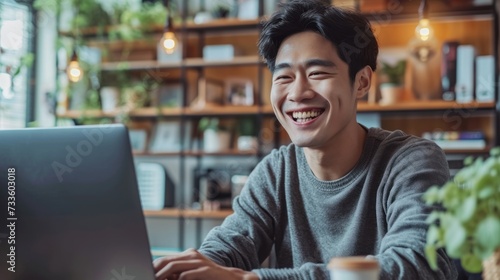 Asian man is smiling and expressing happy feeling on the computer laptop screen. young male got good news and show his cheerful face.Happiness men looking on laptop read message feel excited at home