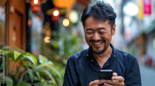 Asian man is smiling and expressing his happy feeling on the cellphone screen. He got good news and show his cheerful face.