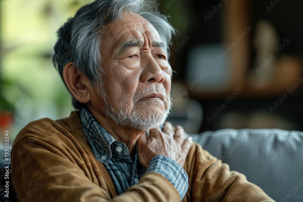 Asian Older man suffering from shoulders and neck pain sitting on sofa. Health problem retired Asian old man hands touching and massage neck for relief pain . Asian Older man suffering from shoulders and neck pain sitting on sofa. Health problem retired Asian old man hands touching and massage neck for relief pain .