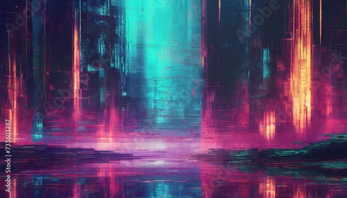 abstract colorful background with glowing lights, vhs neon distorted cyberpunk glitch wallpaper background © Bilal