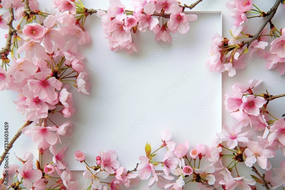 delicate pink cherry blossoms encircling a blank white canvas, presenting a harmonious blend
