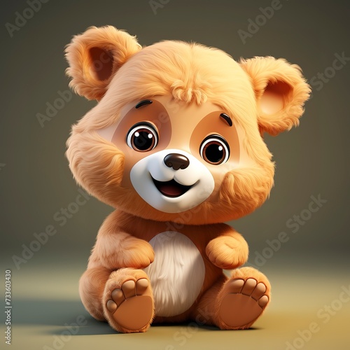 flat logo of Cute baby teddy bear with big eyes lovely little animal 3d rendering cartoon character