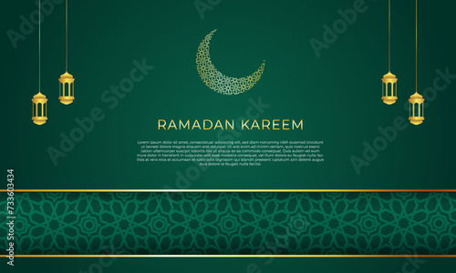 modern ramadan kareem banner design decoration.green islamic background with seamless pattern border ornament design suitable for wallpaper, poster and banner design decoration
 photo