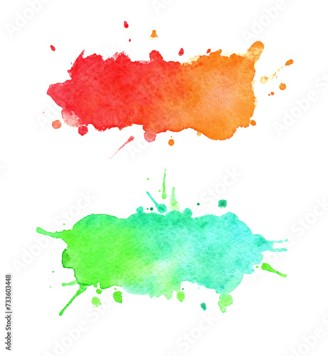 Watercolor gradient stains with splashes isolated on white background