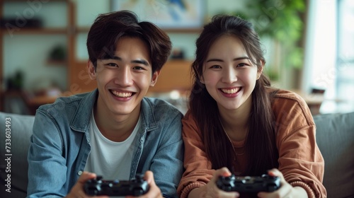 Asian young couple sitting on couch in living room enjoy playing video games together. Happy couple play video games at home both are smiling, laughing and enjoying moment on weekend.