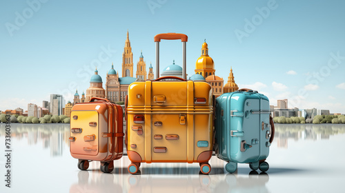 A set of 3D colorful travel luggage in various sizes standing before a picturesque city skyline reflecting on a smooth surface.