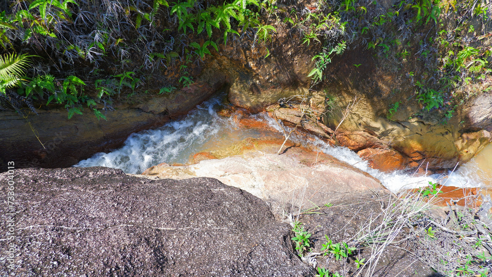 Fresh River Water Flows Through Gaps In Mountain Rocks And Earthen Walls Fresh River Water Flows Through Gaps In Mountain Rocks And Earthen Walls