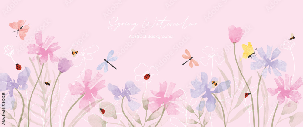 Abstract spring floral art background vector illustration. Watercolor hand painted botanical flower, leaves, insect, butterflies. Design for wallpaper, poster, banner, card, print, web and packaging.