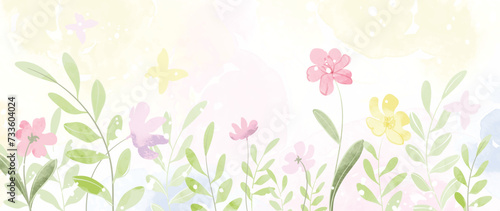 Abstract spring floral art background vector illustration. Watercolor hand painted botanical flower, leaves and nature background. Design for wallpaper, poster, banner, card, print, web and packaging.
