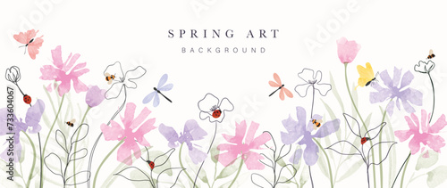 Abstract spring floral art background vector illustration. Watercolor hand painted botanical flower, leaves, insect, butterflies. Design for wallpaper, poster, banner, card, print, web and packaging.