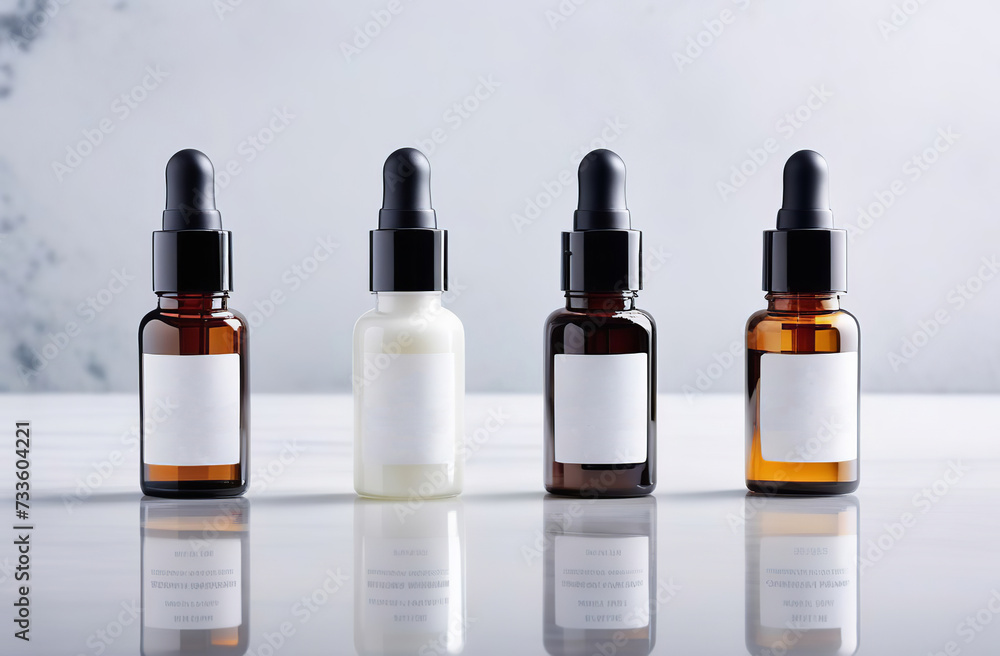 Blank Cosmetic dropper bottle set with transparent fluid oil template. Oily pipette pump packaging mock up with empty label. Skin care products. Arranged in a row. Marble white background. No people Blank Cosmetic dropper bottle set with transparent fluid oil template. Oily pipette pump packaging mock up with empty label. Skin care products. Arranged in a row. Marble white background. No people