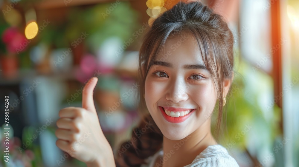 Beautiful young Asian woman showing thumbs up OK gesture smile with positive emotional at home. Attractive female making okay hand sign or say yes happiness and cheerful. Beautiful young Asian woman showing thumbs up OK gesture smile with positive emotional at home. Attractive female making okay hand sign or say yes happiness and cheerful.