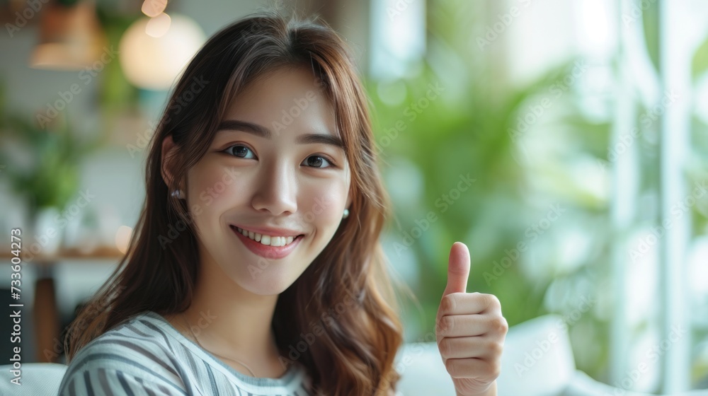 Beautiful young Asian woman showing thumbs up OK gesture smile with positive emotional at home. Attractive female making okay hand sign or say yes happiness and cheerful.