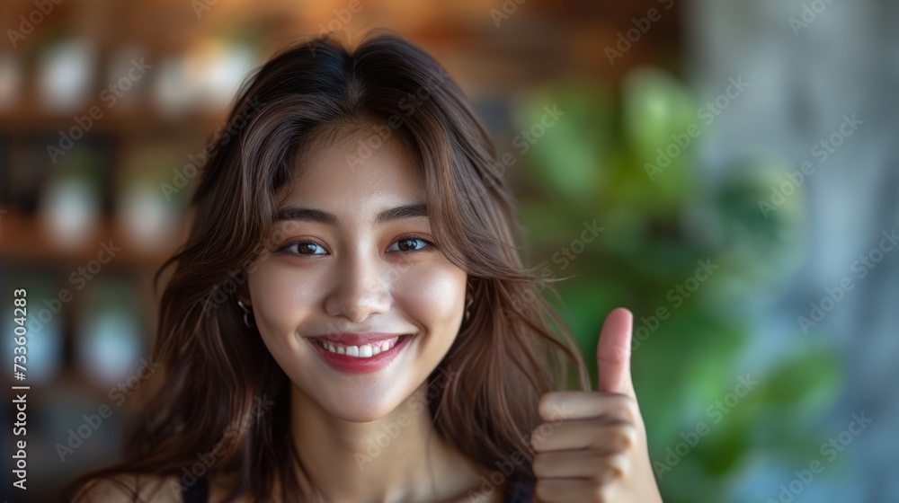 Beautiful young Asian woman showing thumbs up OK gesture smile with positive emotional at home. Attractive female making okay hand sign or say yes happiness and cheerful. Beautiful young Asian woman showing thumbs up OK gesture smile with positive emotional at home. Attractive female making okay hand sign or say yes happiness and cheerful.