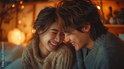 Asian young couple smile and laughing with positive emotion and loving together at warmth place.