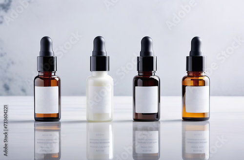 Blank Cosmetic dropper bottle set with transparent fluid oil template. Oily pipette pump packaging mock up with empty label. Skin care products. Arranged in a row. Marble white background. No people