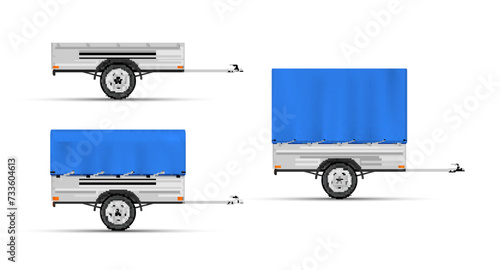 Car trailer open blue awning industrial cargo transportation vehicle side view set realistic vector photo