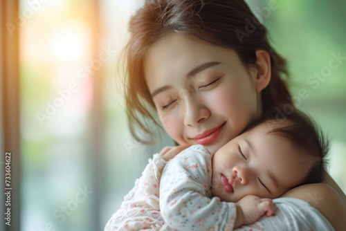Happy Asian mother holding a cute newborn baby sleep on arm comfort and safety. Happy infant baby sleep with mother standing near windows warm and relax. Good moment.