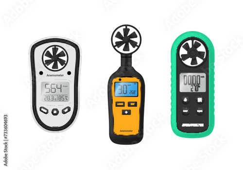 Digital anemometer wind speed measuring device with display set realistic vector illustration