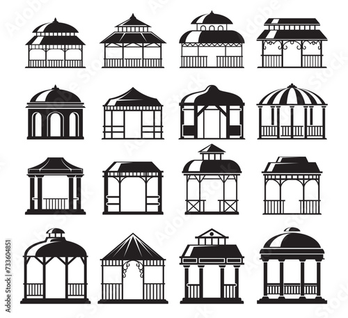 Gazebo of pergola garden bower shelter construction ornamental roof black set isometric vector