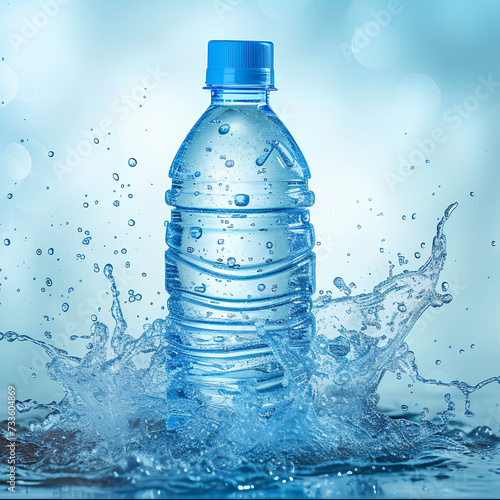 Small plastic water bottle with water splash background
