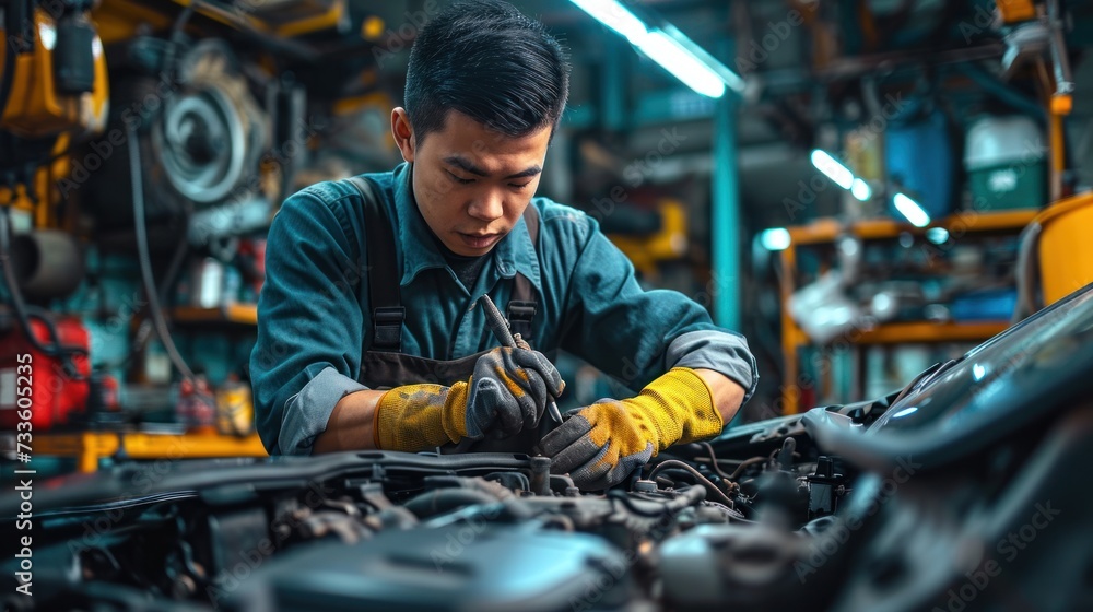 Man repairing a car in auto repair shop. Young Asian man in his workshop. Man repairing a car in auto repair shop. Young Asian man in his workshop.